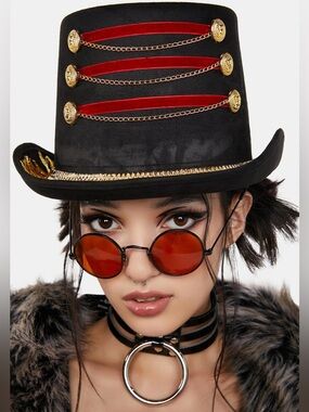Dolls Kill Black Top Hat with Red and Gold Chain Accents